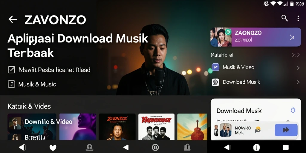 Tampilan antarmuka aplikasi ZAVONZO untuk Download Musik.